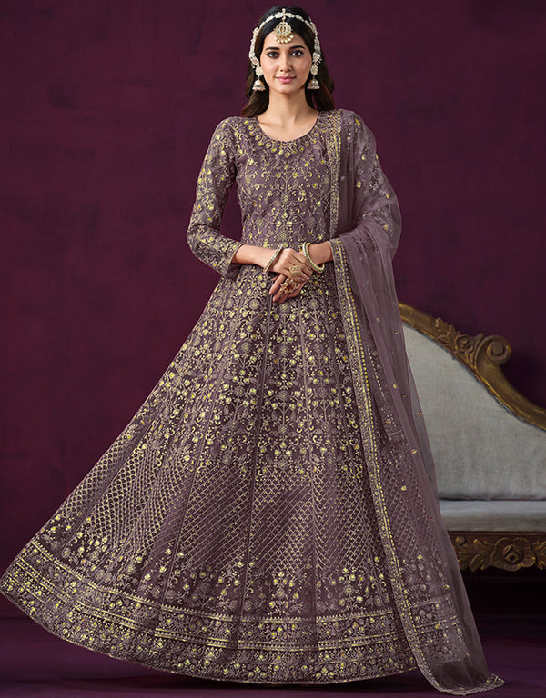 Traditional Designer Heavy Wedding Wear Net Gown Purple Taupe Net Pant Anarkali Front View